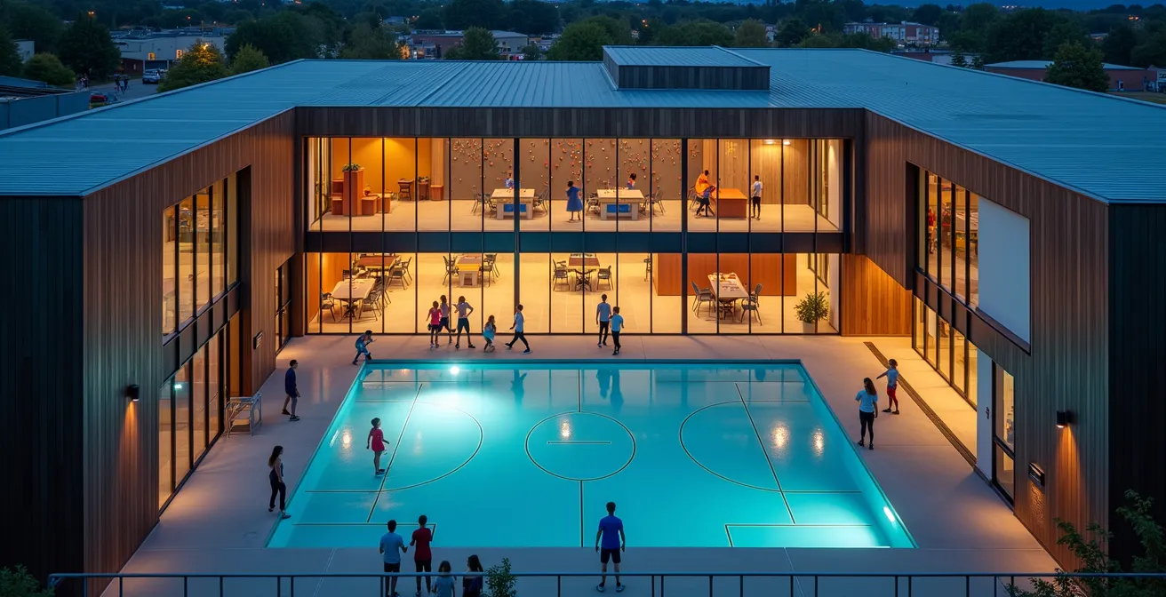 Groupe d'adolescents pratiquant diverses activités sportives dans un complexe moderne