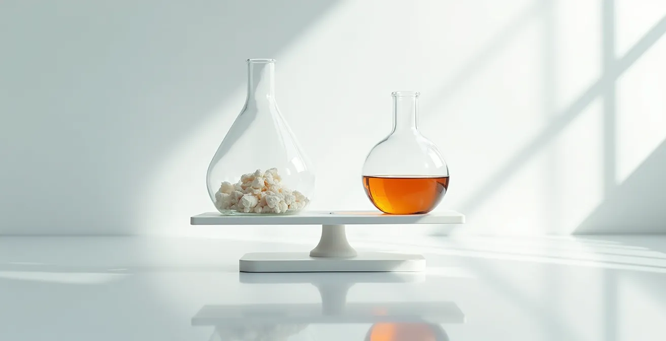 Balance scientifique comparant symboliquement l'alcool et d'autres substances