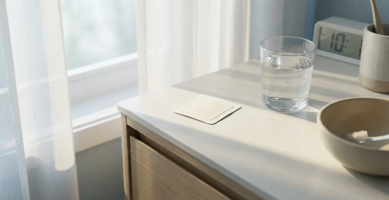 Vue minimaliste d'un environnement de soin avec patch nicotinique et éléments de routine matinale