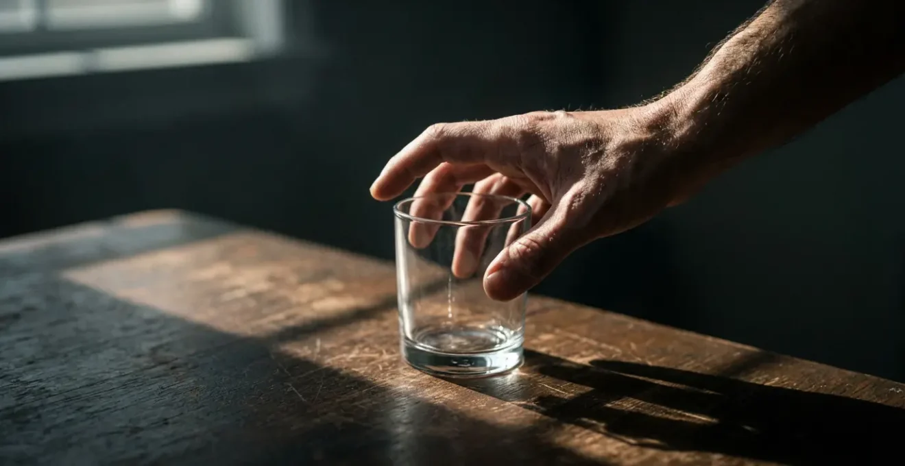 Vue en plongée d'une main tremblante tentant d'atteindre un verre vide sur une table en bois, environnement flou et sombre