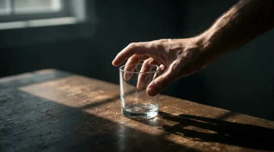 Vue en plongée d'une main tremblante tentant d'atteindre un verre vide sur une table en bois, environnement flou et sombre