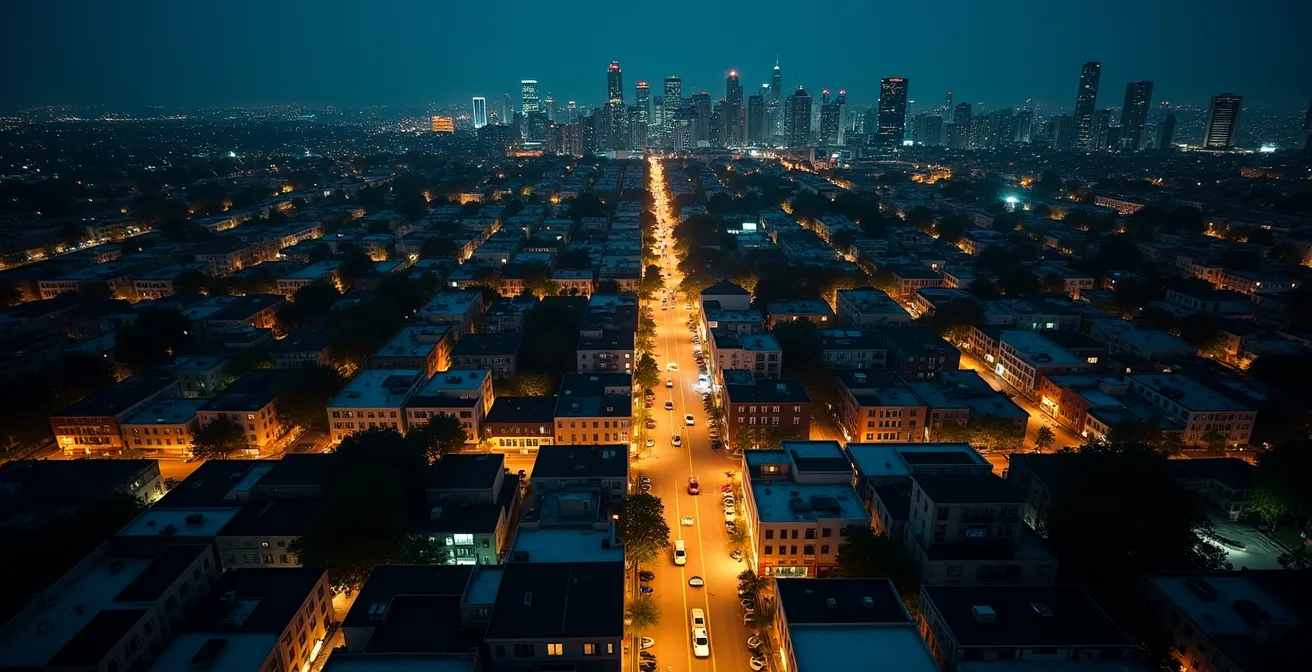 Vue aérienne d'une ville la nuit avec certaines zones éclairées en rouge et d'autres en vert, créant une carte visuelle métaphorique