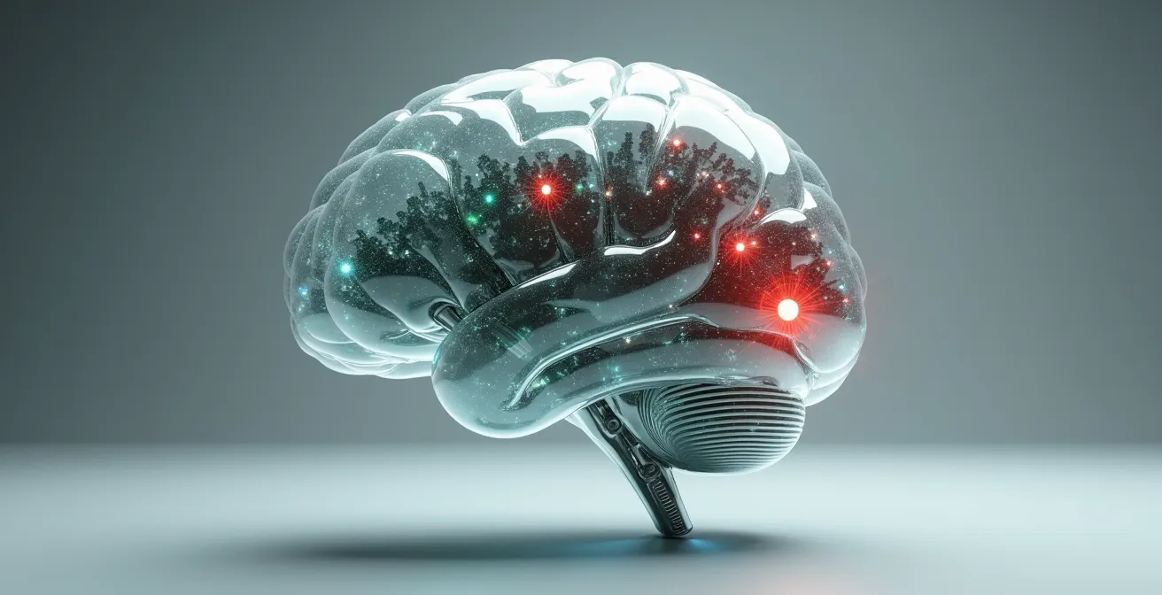 Métaphore visuelle du cerveau représenté avec des éléments mécaniques suggérant accélérateur, frein et système de navigation