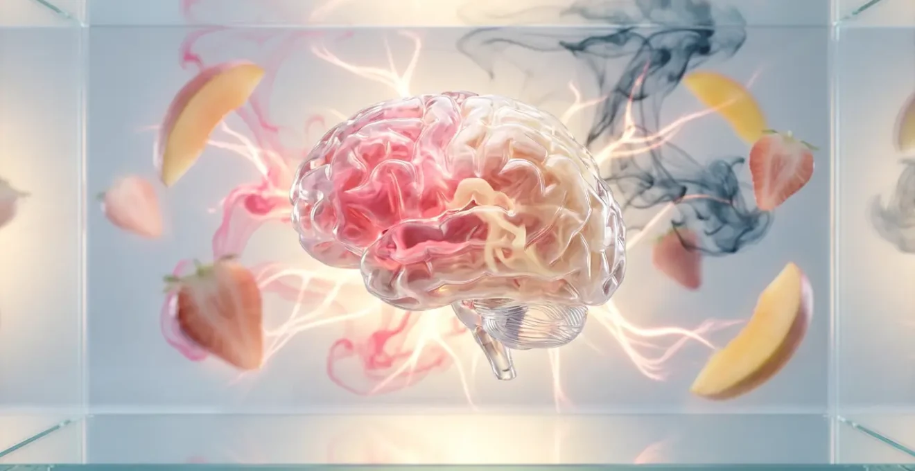 Représentation artistique d'un cerveau avec des connexions neuronales illuminées transformées par des arômes de fruits colorés