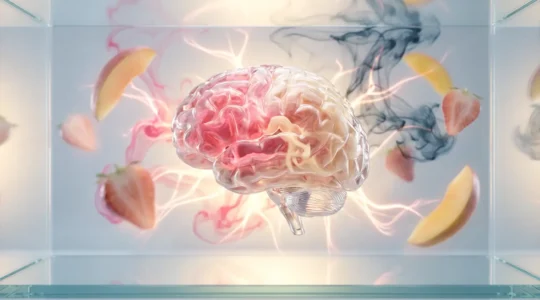 Représentation artistique d'un cerveau avec des connexions neuronales illuminées transformées par des arômes de fruits colorés