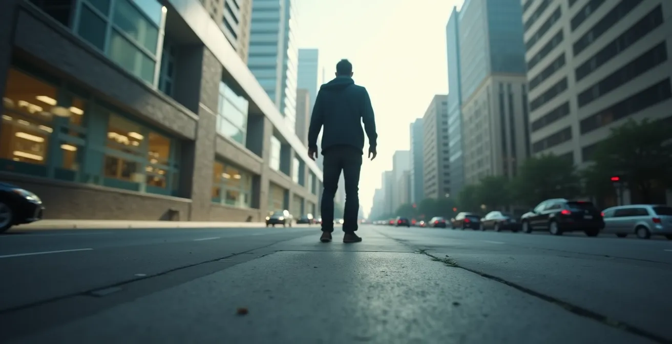 Personne en déséquilibre dans un environnement urbain flou avec mise au point sur la posture instable
