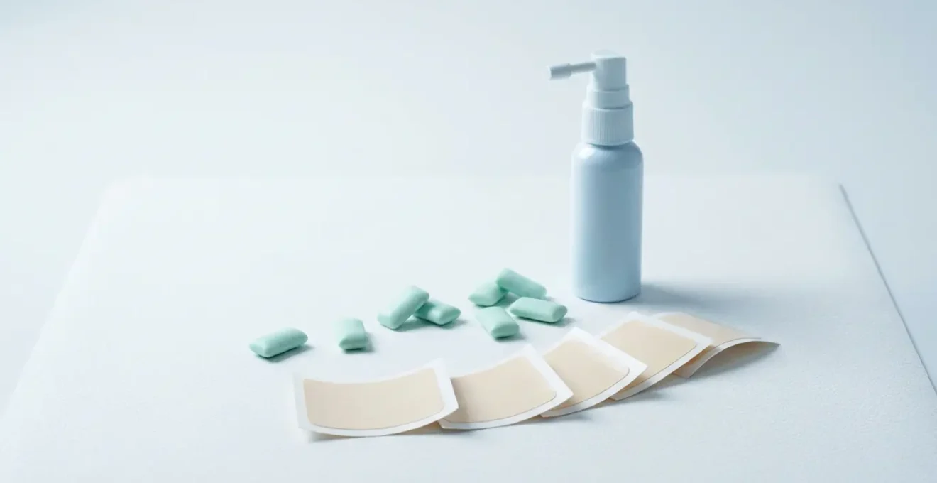 Ensemble moderne de substituts nicotiniques disposés sur surface médicale épurée avec patchs, gommes et spray dans lumière clinique douce