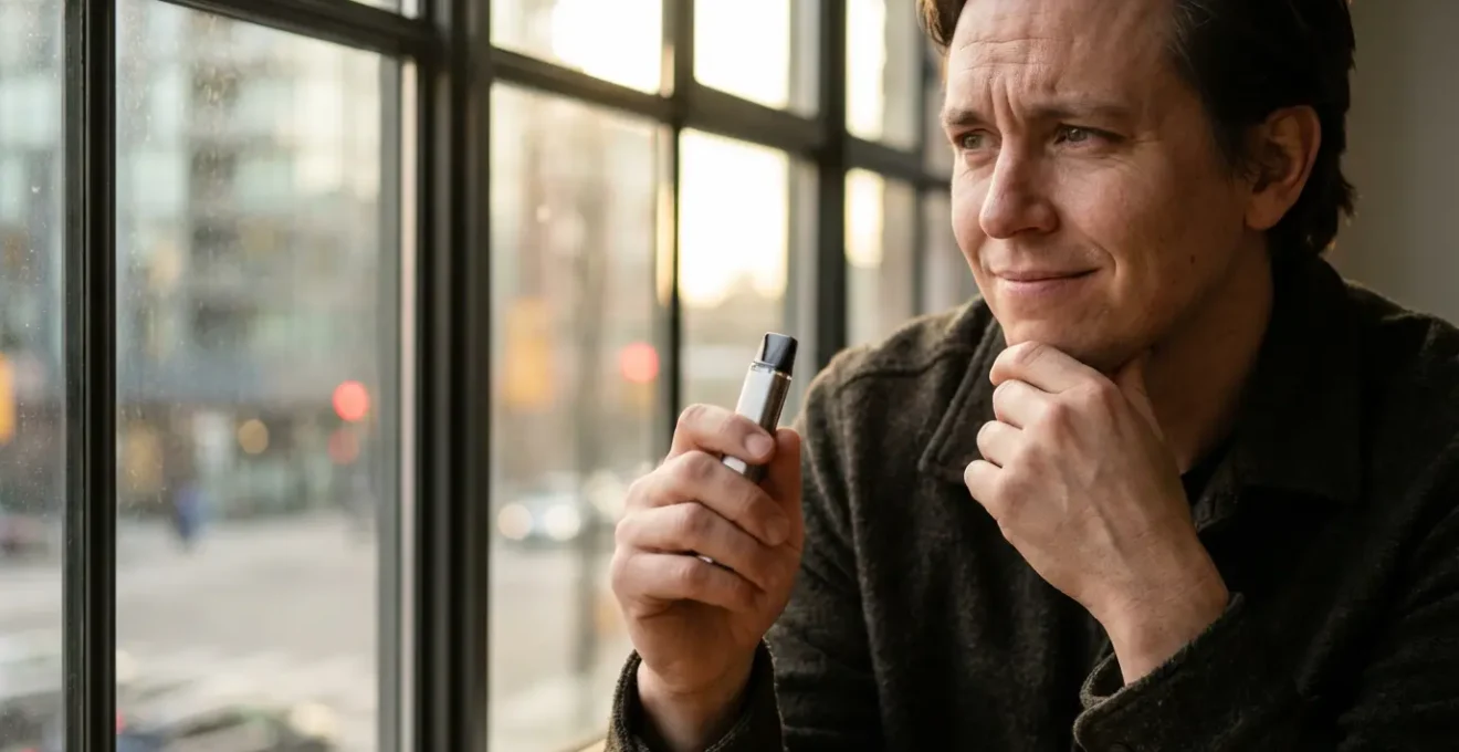 Portrait d'une personne tenant une cigarette électronique moderne avec une expression sereine et confiante, fond urbain flou