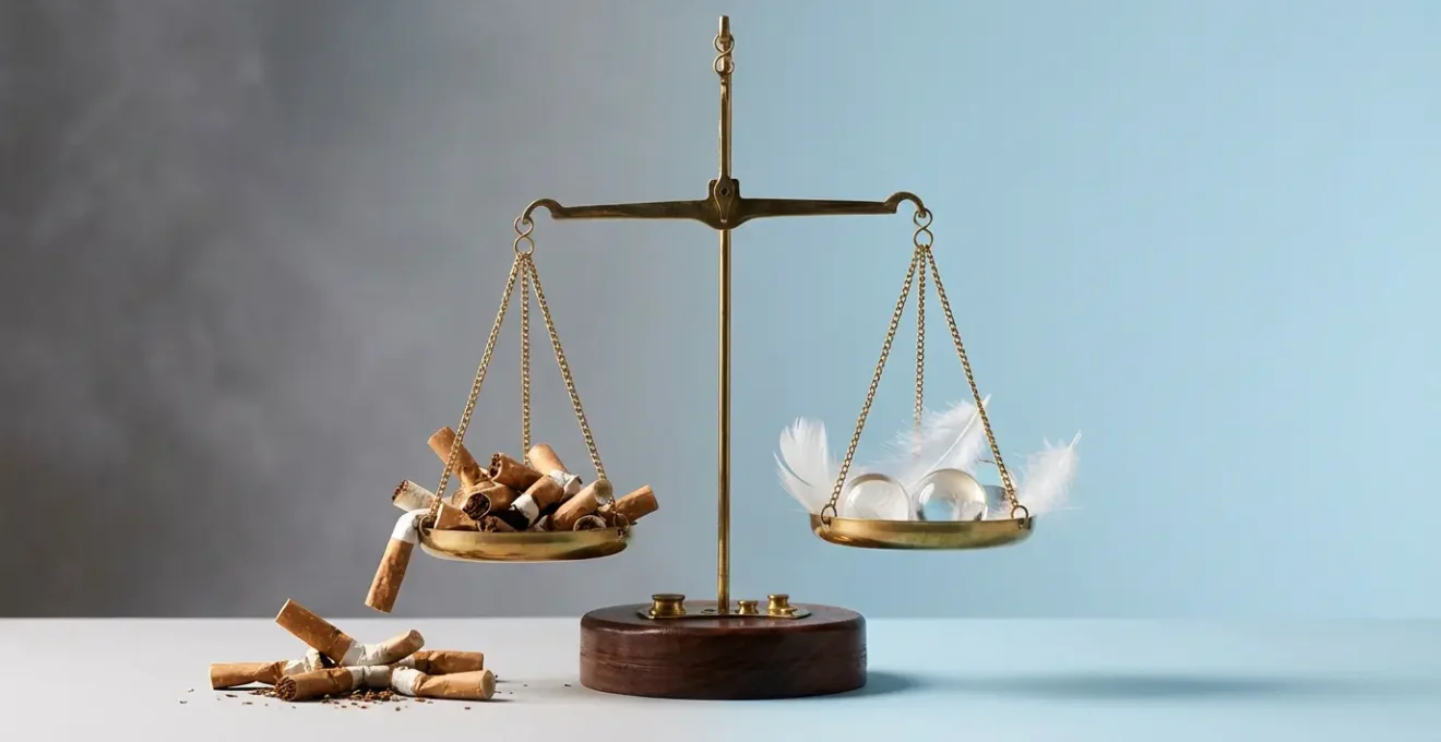 Cigarettes écrasées disposées sur une balance symbolisant le dilemme entre réduction et arrêt complet du tabac