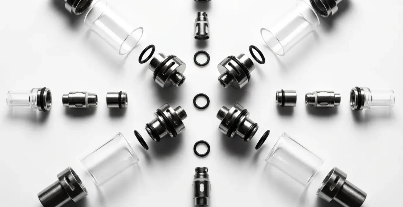 Vue éclatée d'un clearomiseur montrant les différents joints et composants d'étanchéité