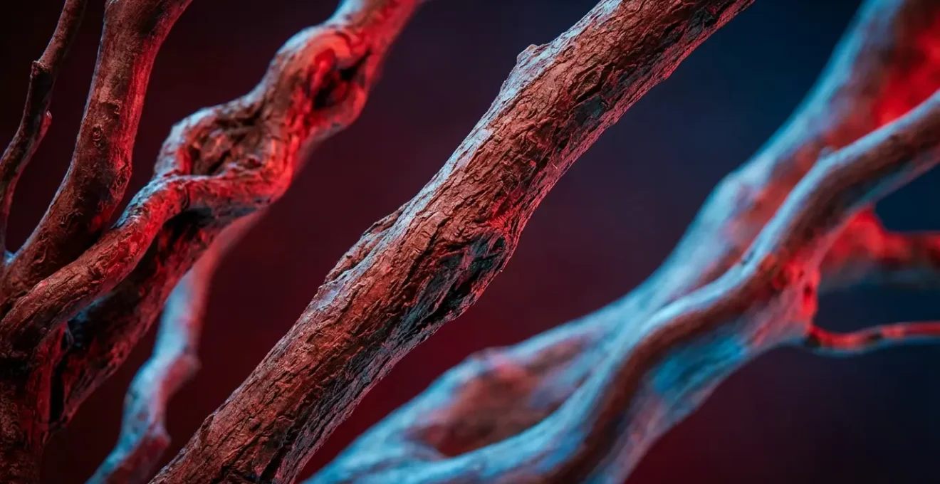 Composition métaphorique montrant des vaisseaux sanguins en gros plan avec effets de contraste