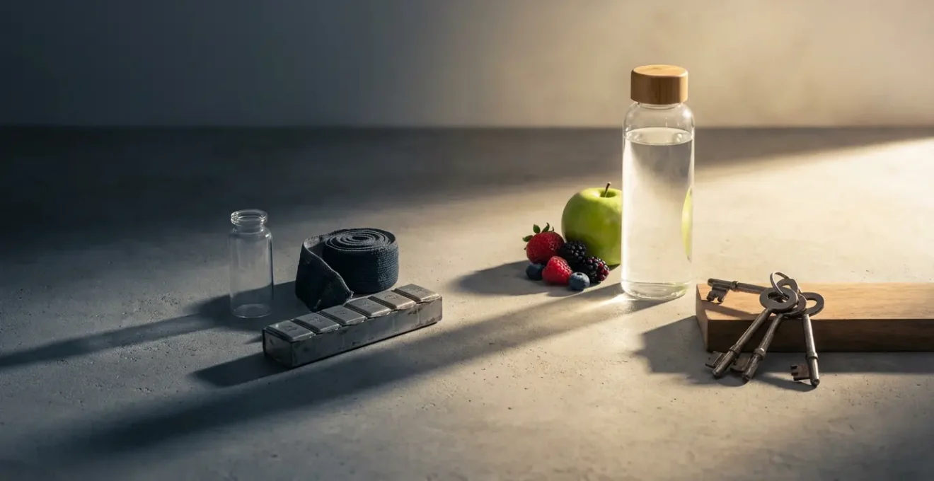 Composition symbolique montrant des objets représentant différentes étapes d'un parcours de soin