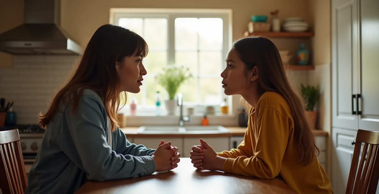 Scène familiale illustrant le dialogue entre parent et adolescent