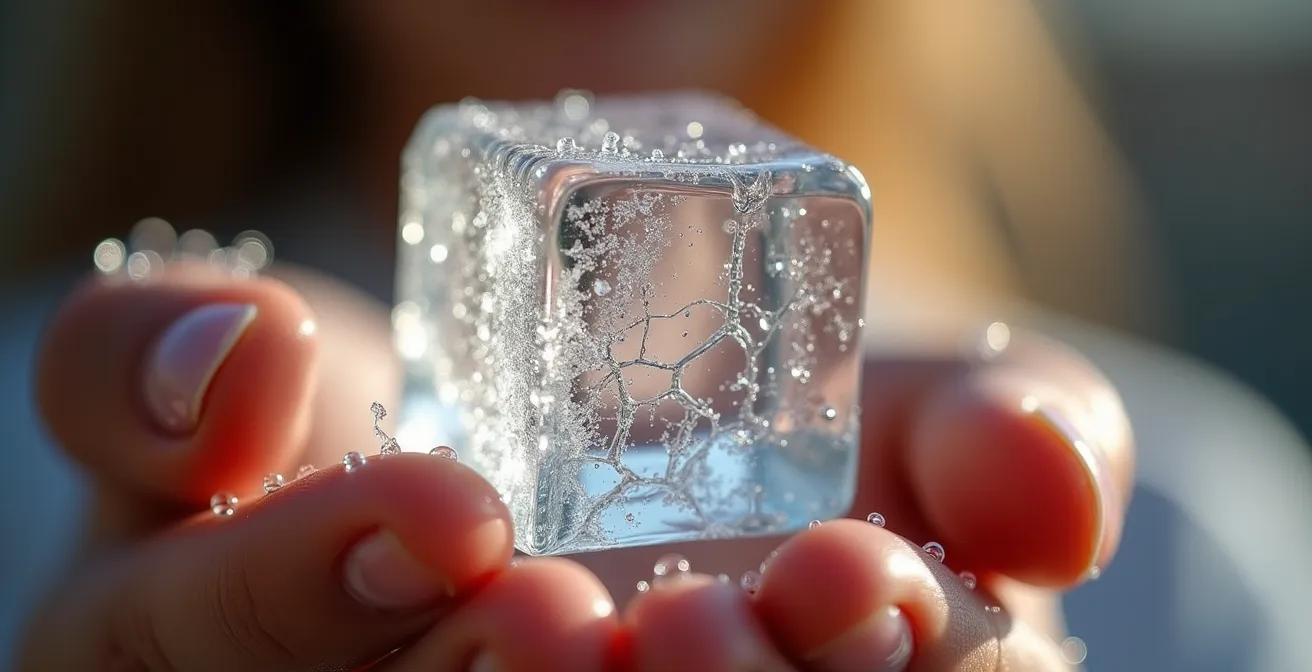 Gros plan sur des doigts tenant un glaçon fondant, gouttes d'eau visibles, vapeur de froid