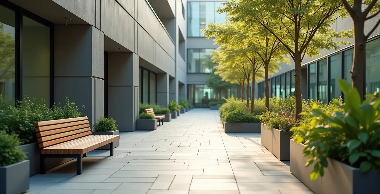 Espace de pause extérieur au travail avec verdure et lumière naturelle