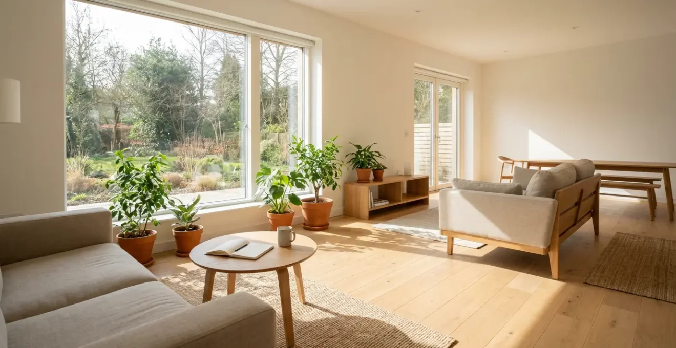 Espace de vie épuré et lumineux symbolisant la liberté retrouvée après l'arrêt du vapotage