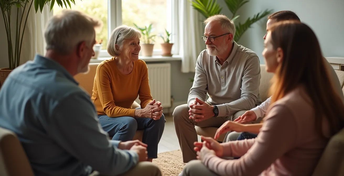 Famille en cercle de parole thérapeutique, moment d'échange bienveillant