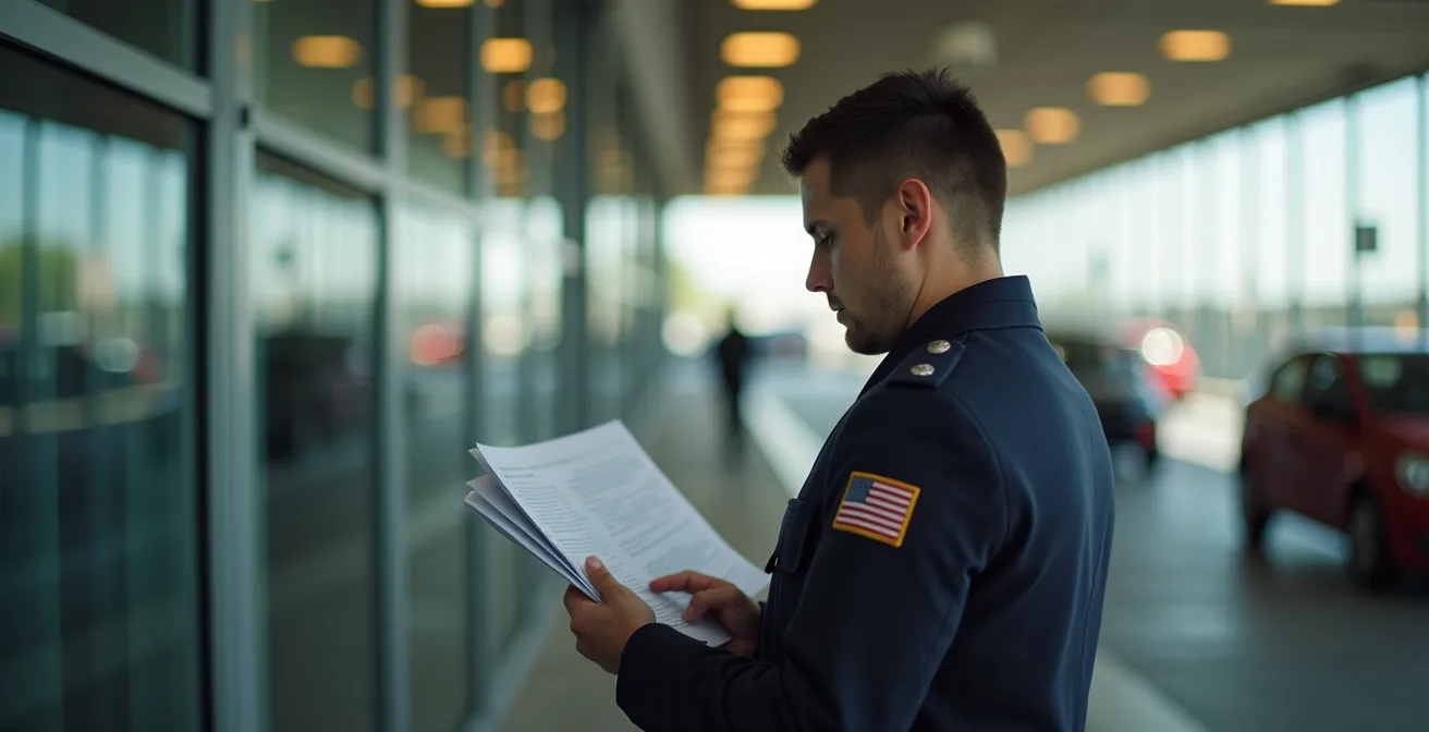 Poste frontière européen moderne avec véhicules flous en mouvement