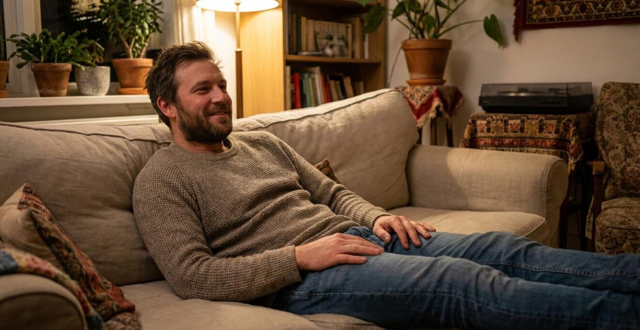 Homme détendu dans son salon en soirée, moment de relaxation naturelle
