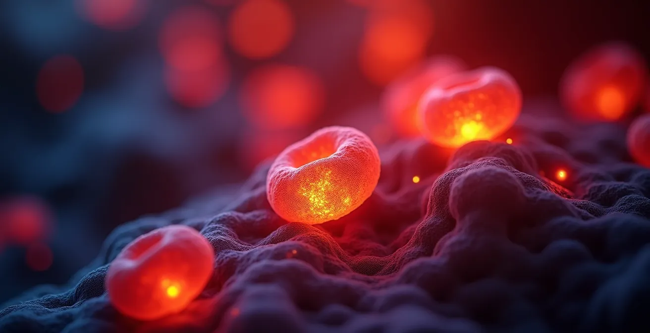 Vue microscopique de mitochondries en surchauffe à l'intérieur de cellules musculaires