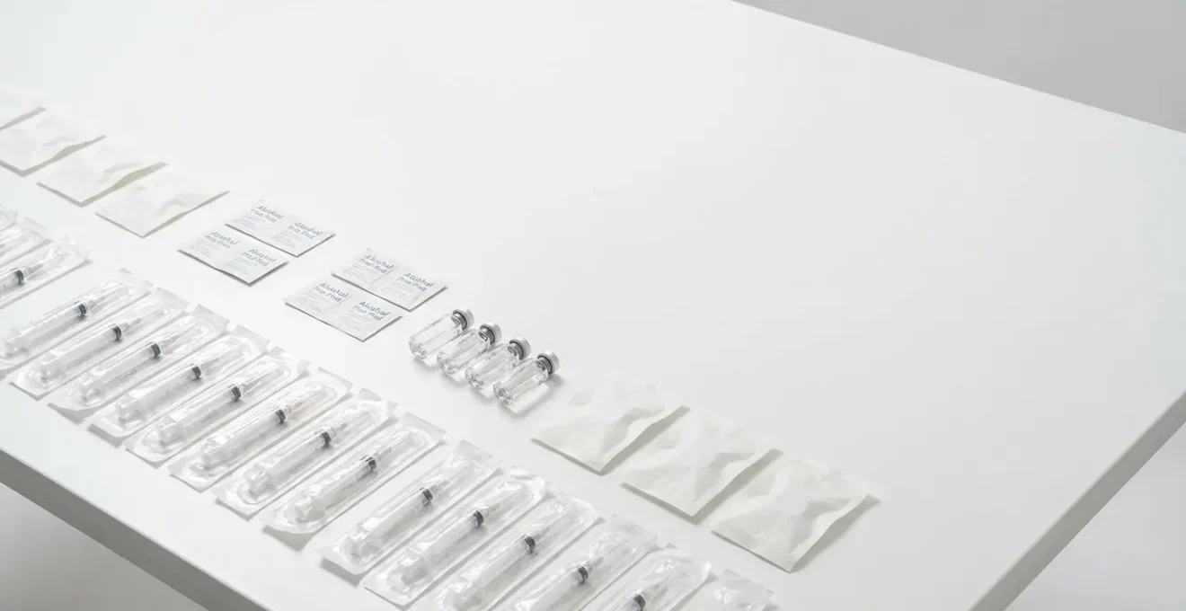 Matériel stérile d'injection disposé sur surface propre avec seringues, tampons et filtres