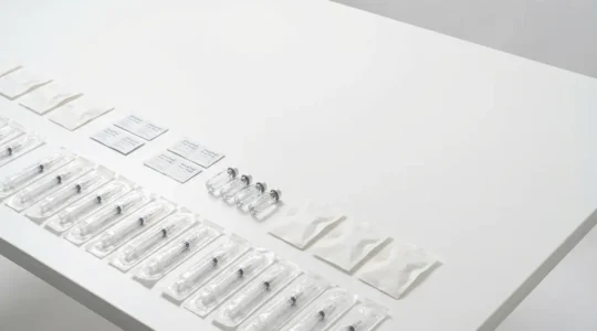 Matériel stérile d'injection disposé sur surface propre avec seringues, tampons et filtres