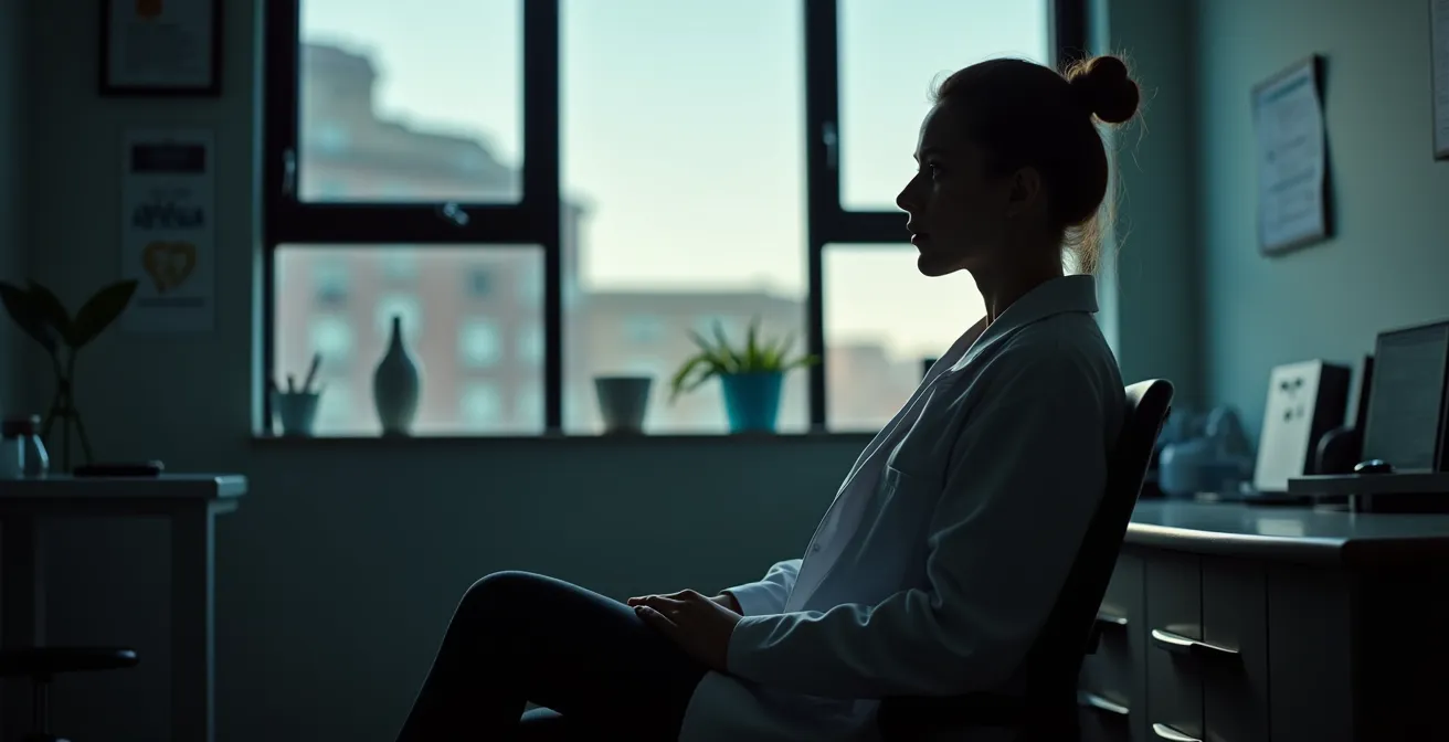 Médecin en moment de réflexion introspective dans son cabinet, lumière douce suggérant l'empathie
