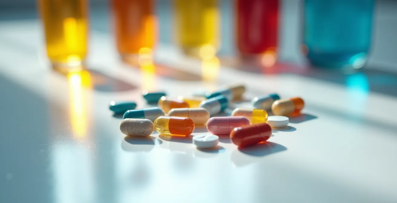 Médicaments et fioles de laboratoire illustrant les réactions croisées