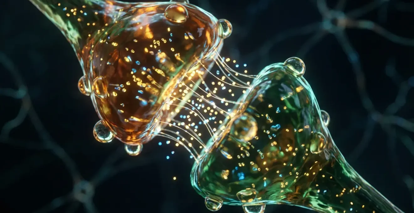 Vue macro de synapses neuronales avec transmission de dopamine visualisée par des particules lumineuses colorées