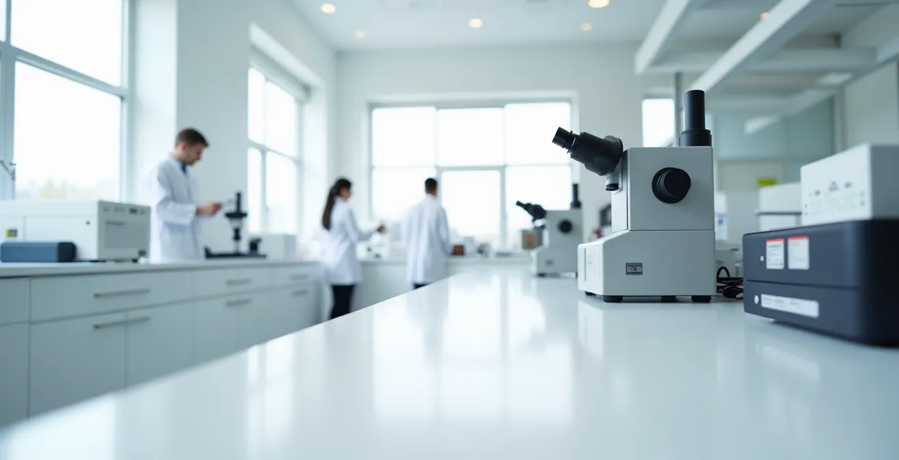 Environnement de laboratoire moderne avec équipements d'analyse chimique flous en arrière-plan