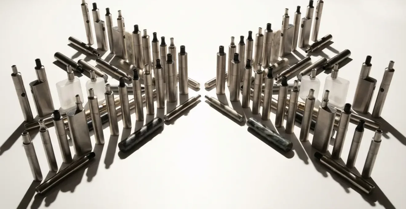 Collection de cigarettes électroniques disposées artistiquement, suggérant l'attachement à l'objet plutôt qu'au contenu