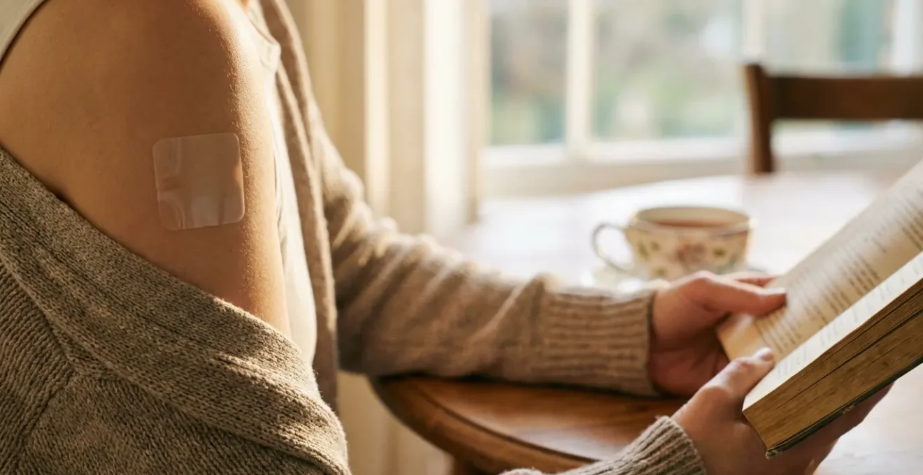 Patch nicotine appliqué sur une peau, avec une visualisation de la diffusion régulière de nicotine