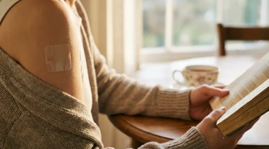 Patch nicotine appliqué sur une peau, avec une visualisation de la diffusion régulière de nicotine