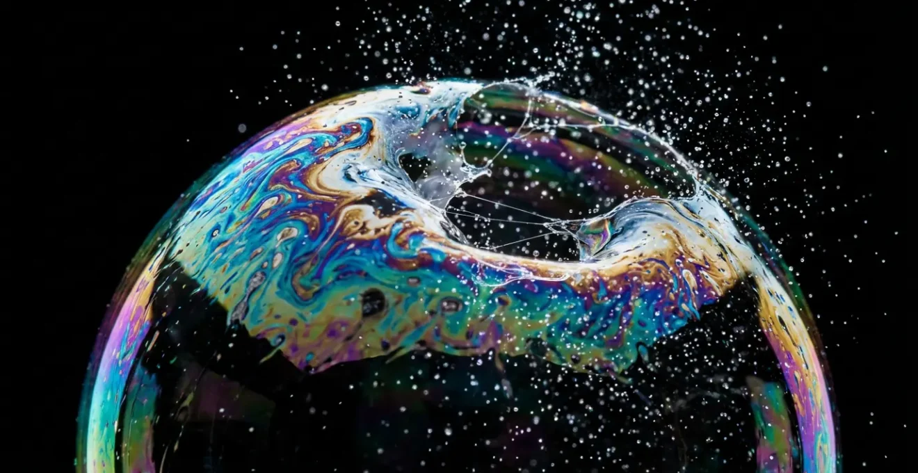 Vue macro d'une bulle de savon en train d'éclater, métaphore de la défusion cognitive face aux pensées sabotantes