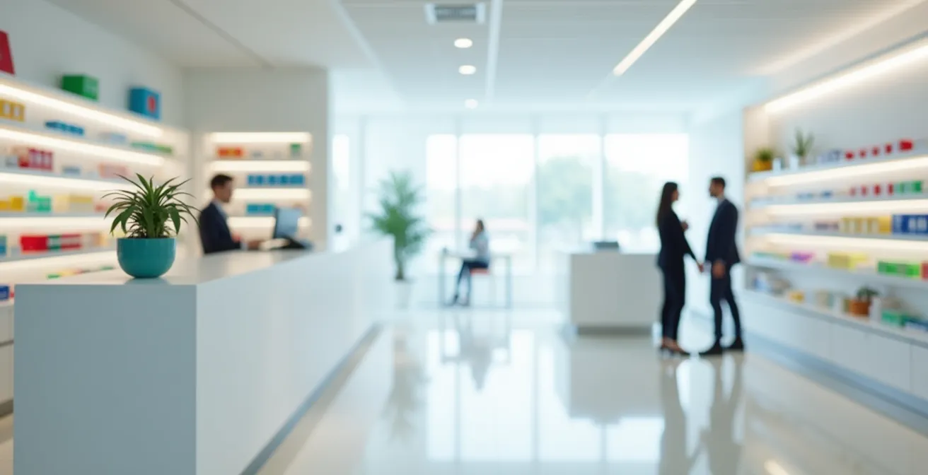 Comptoir de pharmacie moderne vu de côté avec interaction professionnelle entre pharmacien et patient
