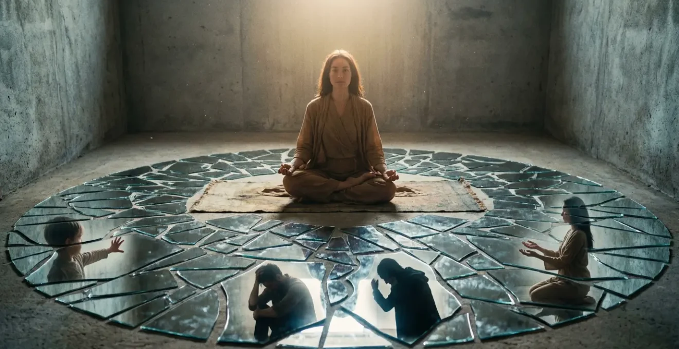 Une personne assise en position de méditation, entourée de fragments de miroir reflétant différentes phases de sa vie, symbolisant le processus de reconstruction psychologique