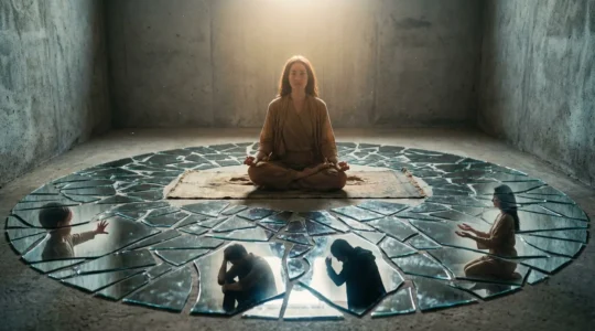 Une personne assise en position de méditation, entourée de fragments de miroir reflétant différentes phases de sa vie, symbolisant le processus de reconstruction psychologique