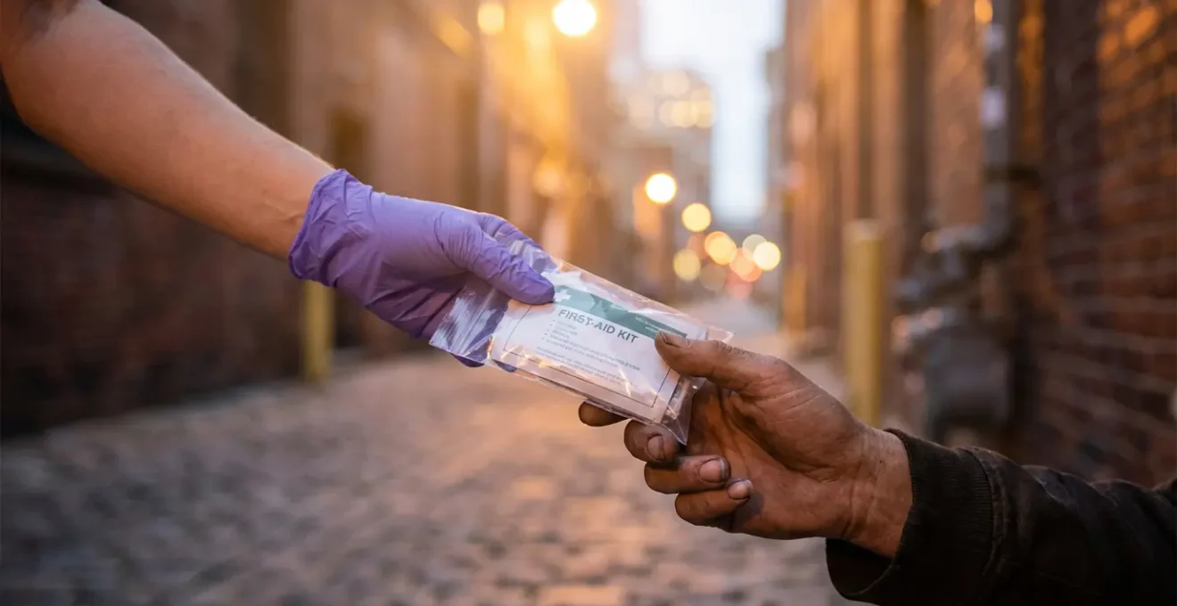 Scène montrant deux mains tendues dans un échange bienveillant dans un environnement urbain nocturne