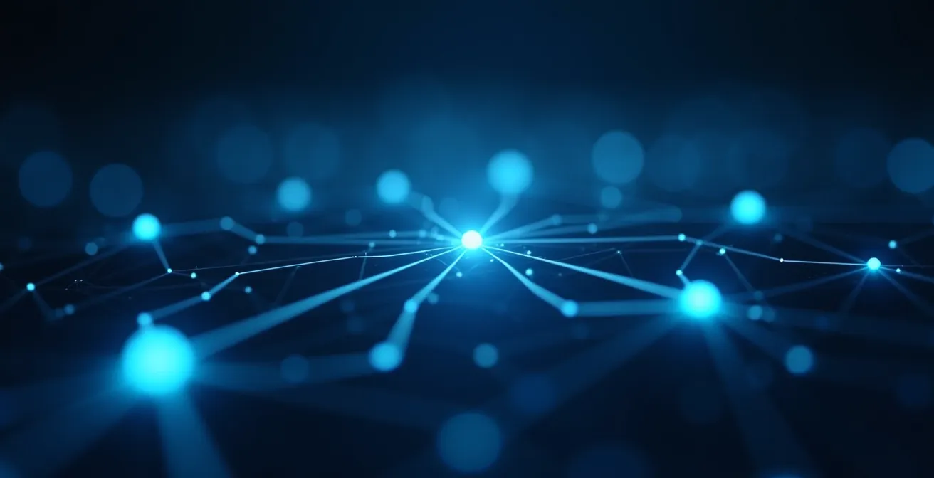 Vue symbolique d'un réseau de surveillance médicale avec cartes et connexions abstraites.