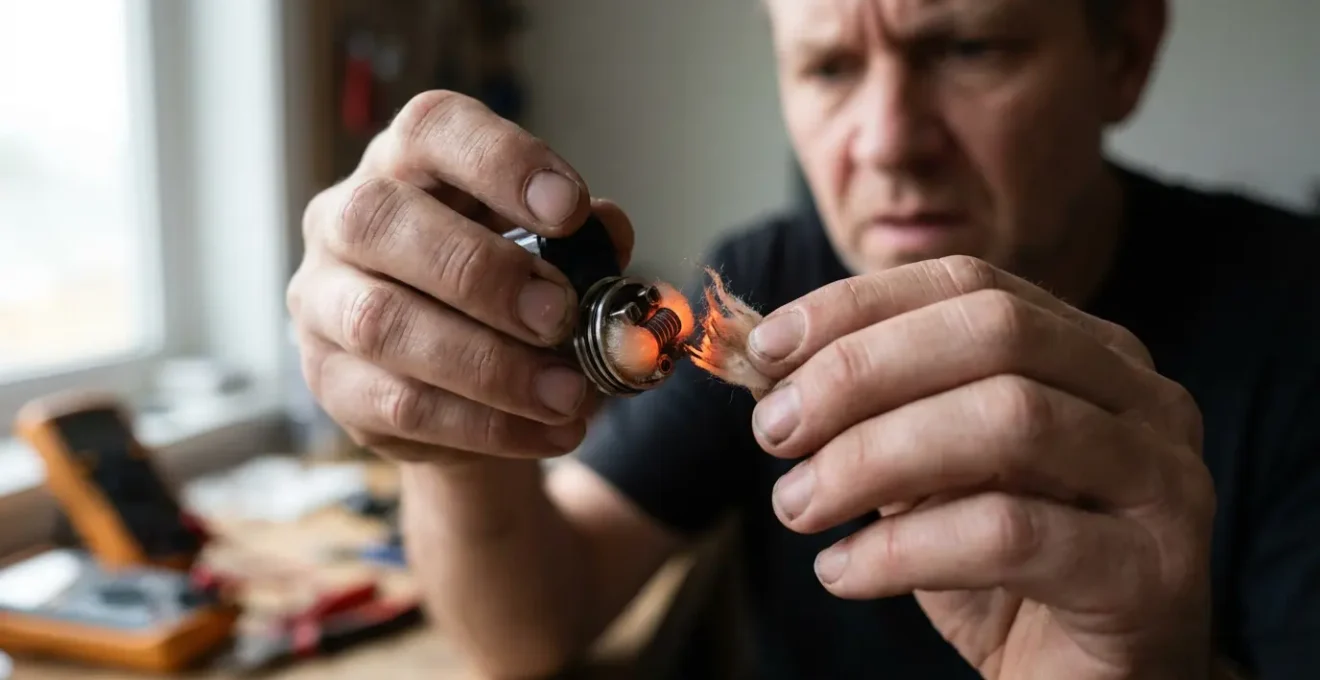 Vue macro d'une résistance de cigarette électronique avec coton sec montrant la surchauffe
