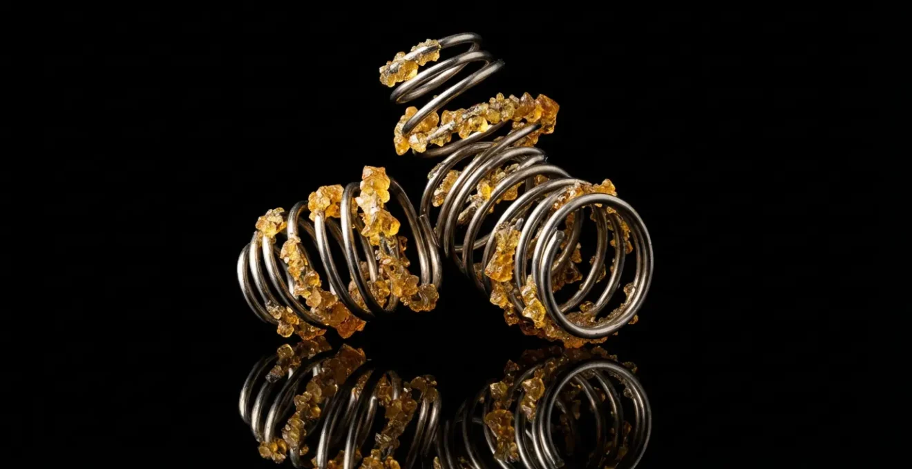 Vue microscopique d'une résistance avec dépôts caramélisés formant des cristaux dorés