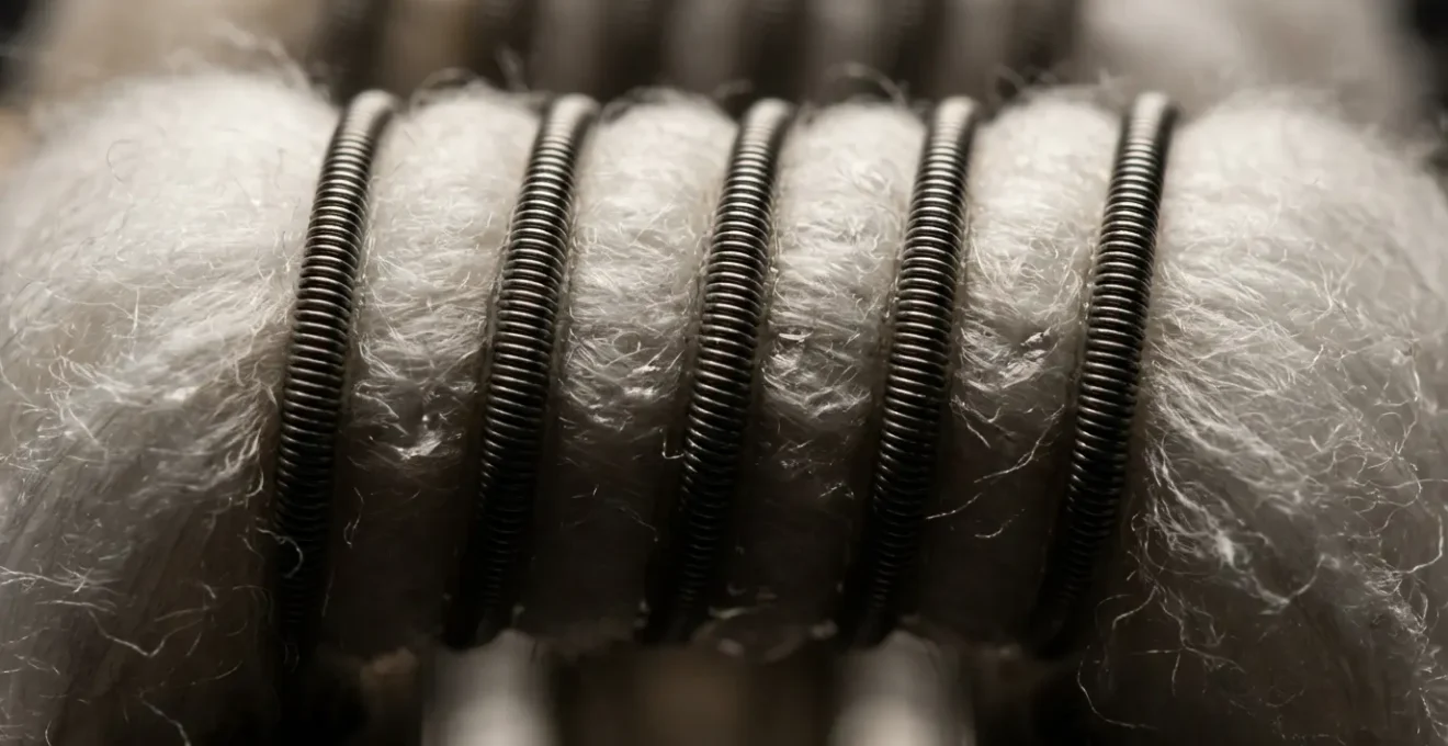 Vue macro d'une résistance de cigarette électronique montrant les fibres de coton et le fil résistif en détail