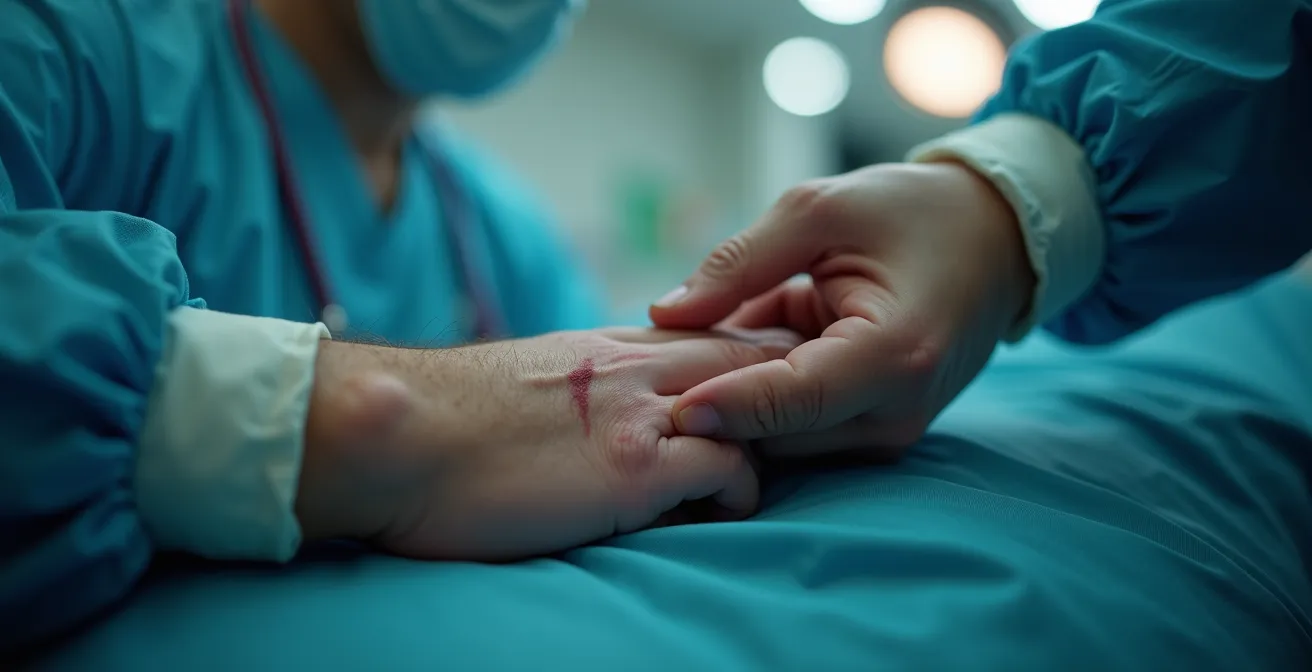 Illustration médicale montrant l'évaluation des signes vitaux d'urgence comme le pouls et la coloration de la peau.