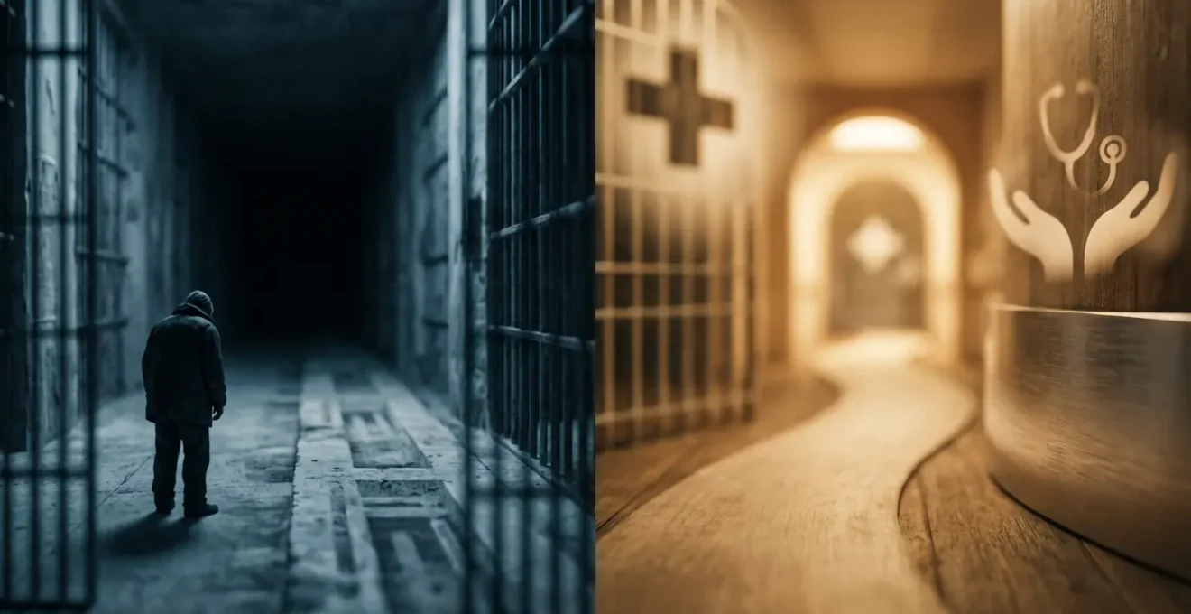 Composition symbolique représentant le choix entre répression et accompagnement dans la lutte contre les addictions