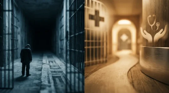 Composition symbolique représentant le choix entre répression et accompagnement dans la lutte contre les addictions