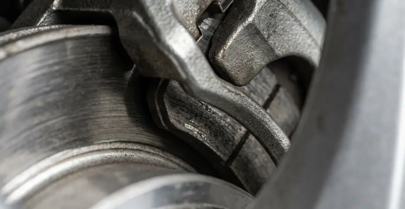 Macro photographique de mécanisme de frein automobile avec plaquettes et disque, métaphore de l'action des benzodiazépines sur le cerveau.