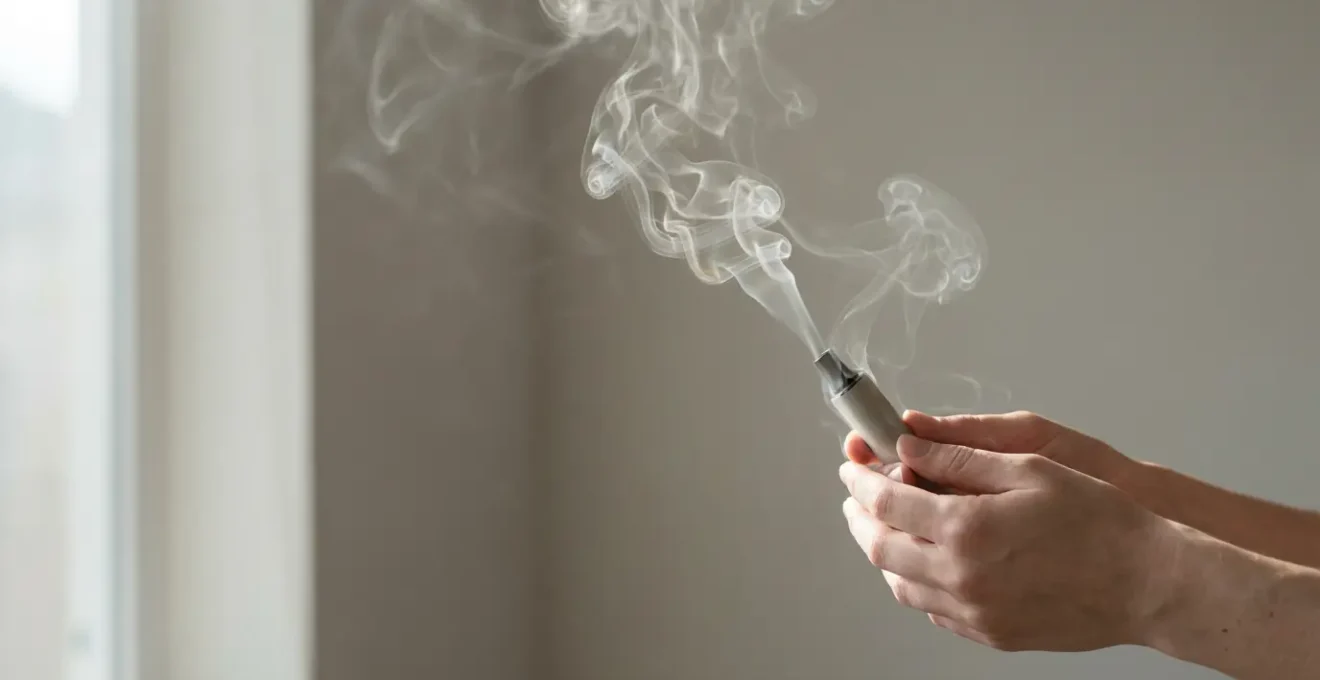 Main tenant une cigarette électronique avec vapeur s'élevant dans une lumière douce, évoquant la dualité entre dépendance comportementale et effet placebo