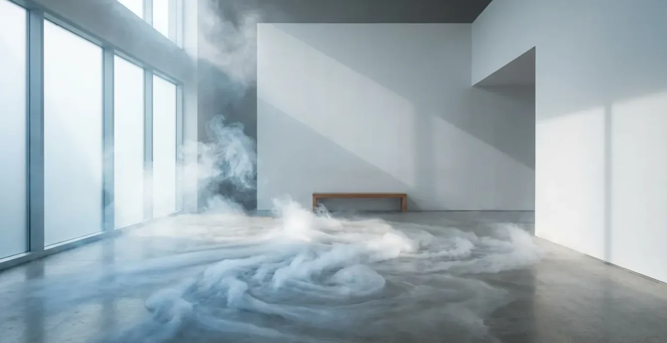 Environnement minimaliste montrant des volutes de vapeur dense dans un espace épuré