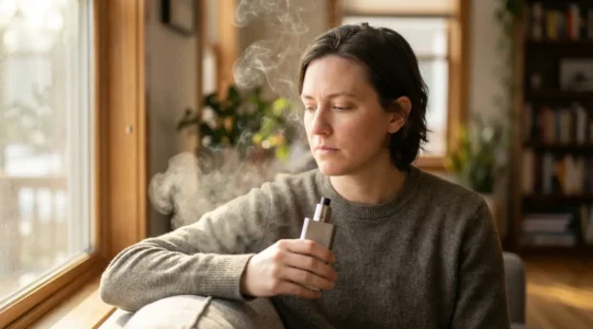 Personne tenant une cigarette électronique avec de la vapeur douce s'évaporant, symbolisant la libération progressive de la nicotine