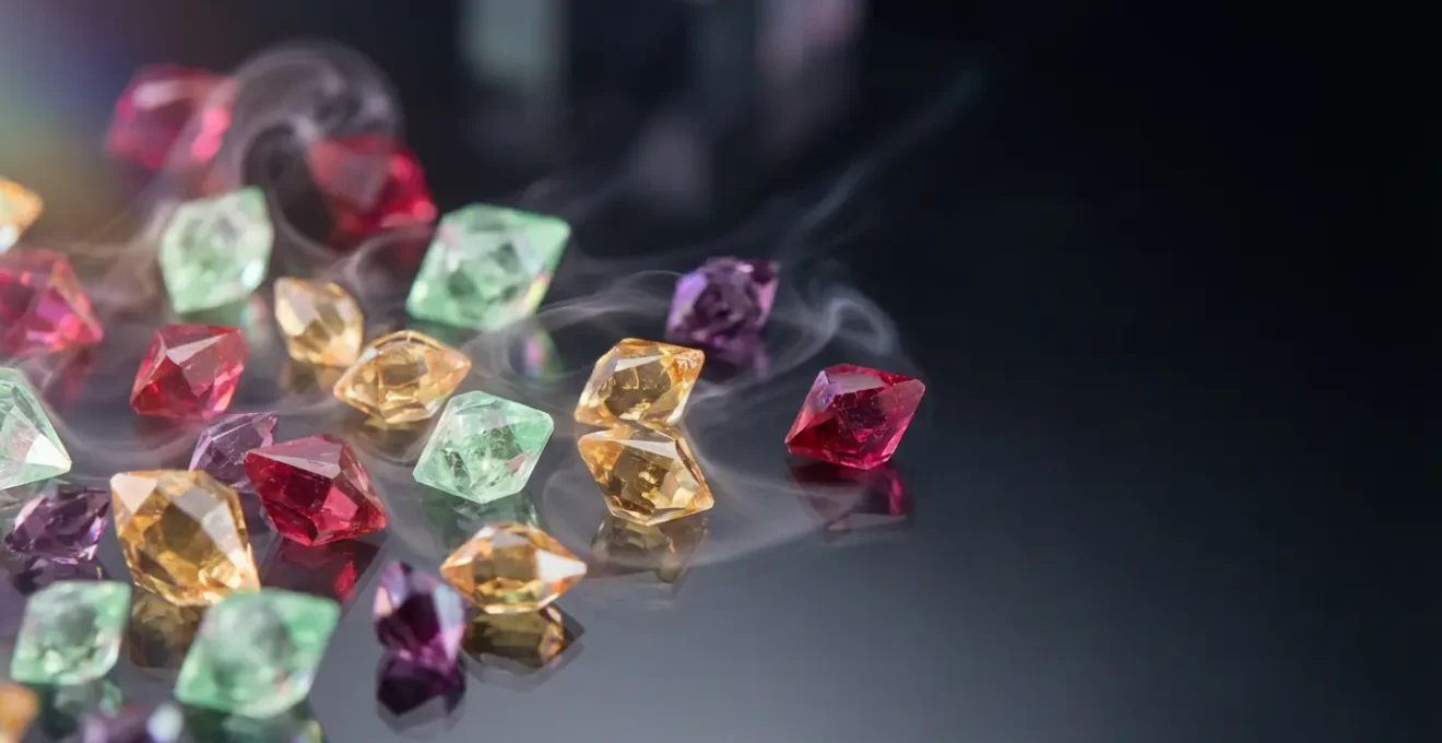 Variété de saveurs fruitées et gourmandes dans des flacons colorés évoquant la cigarette électronique